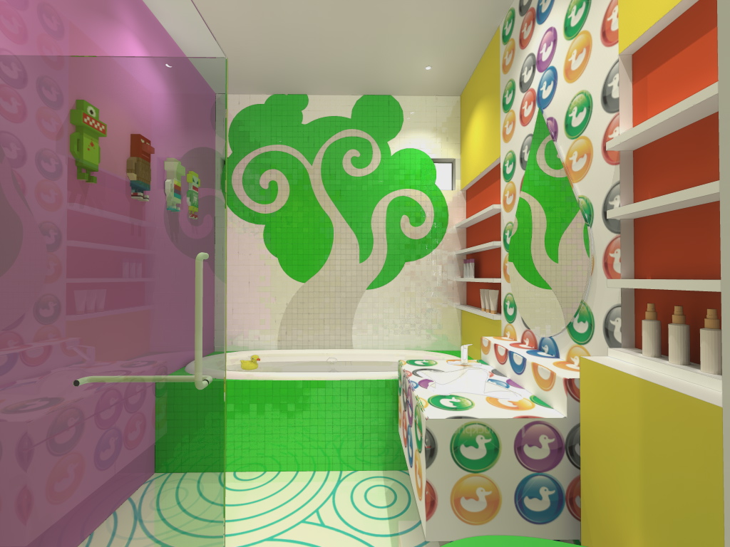 cheerful-kids-bathroom-interior-design-with-decorative-polka-colorful-wall-decal-and-huge-green-wall-mural-over-spiral-patterned-flooring-plan