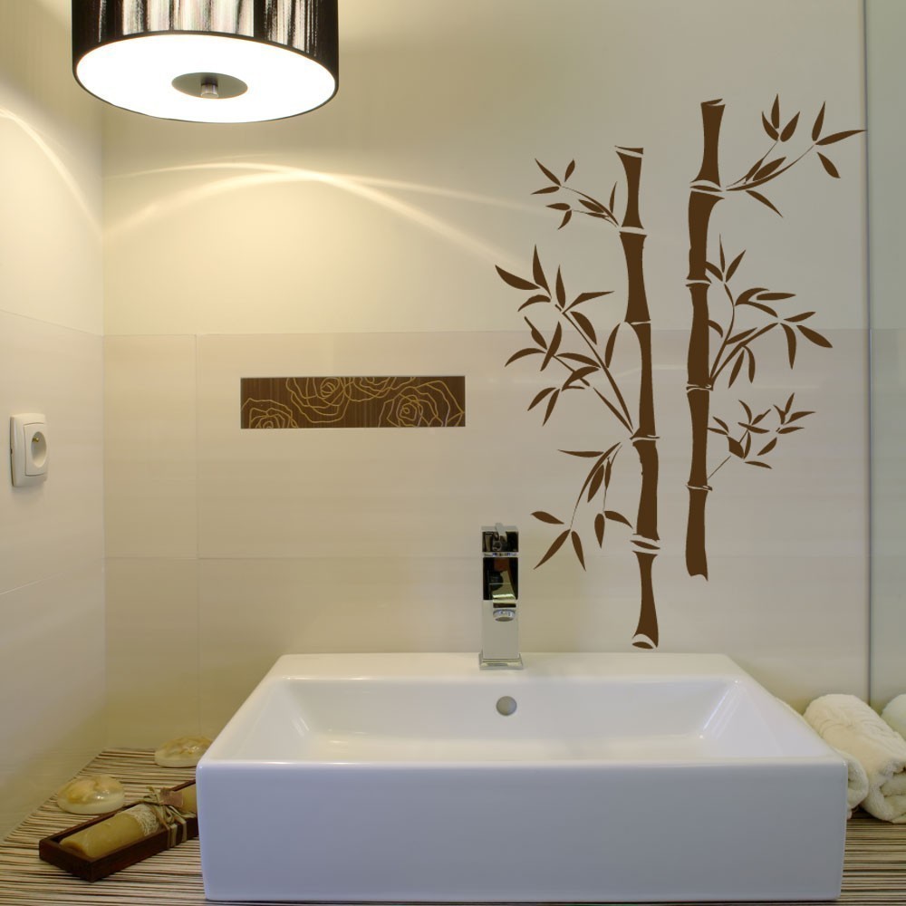 mesmerizing-bathroom-interior-design-feats-eco-friendly-bamboo-wall-decal-over-rectangle-white-sleek-sink-feats-corner-low-hanging-pendant-lamp