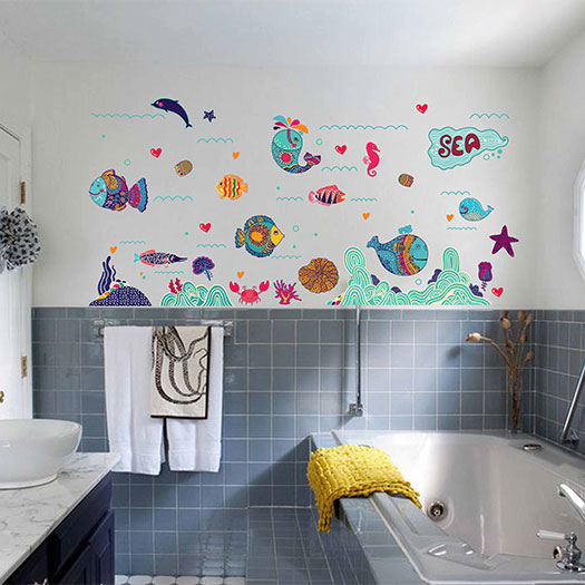 mesmerizing-kids-bathroom-design-with-nautical-themed-wall-decals-on-checkered-grey-sleek-wainscoting-feats-compact-towel-rack-and-rectangle-fix-bathtub